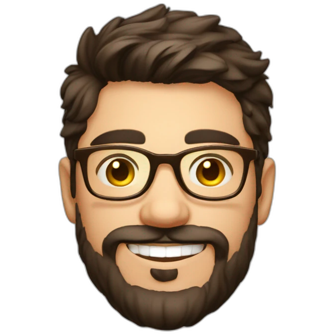 Handsome young man 25 years old short dark brown hair nice small round golden glasses cool beard Light moustache funny big smile dimple on the side emoji