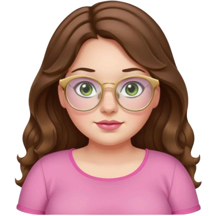 Girl girl long wavy brown hair with middle part, pale green eyes, plus size, pink girly top, gold rimmed glasses emoji