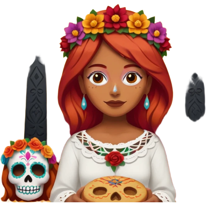 Día de muertos cabello rojo pan de muerto papel picado emoji