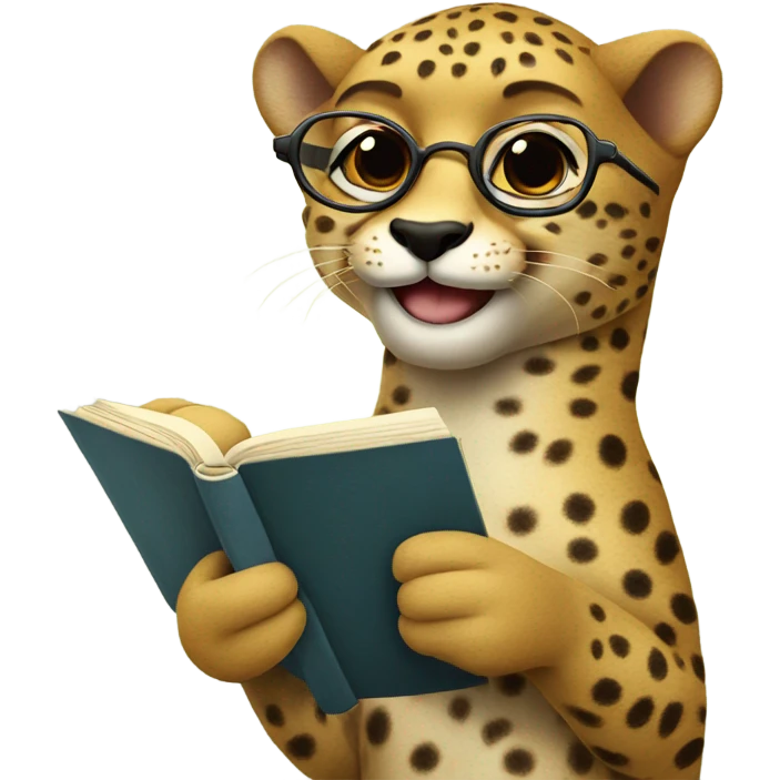Happy Cheetah with glasses drinking tea and a book emoji