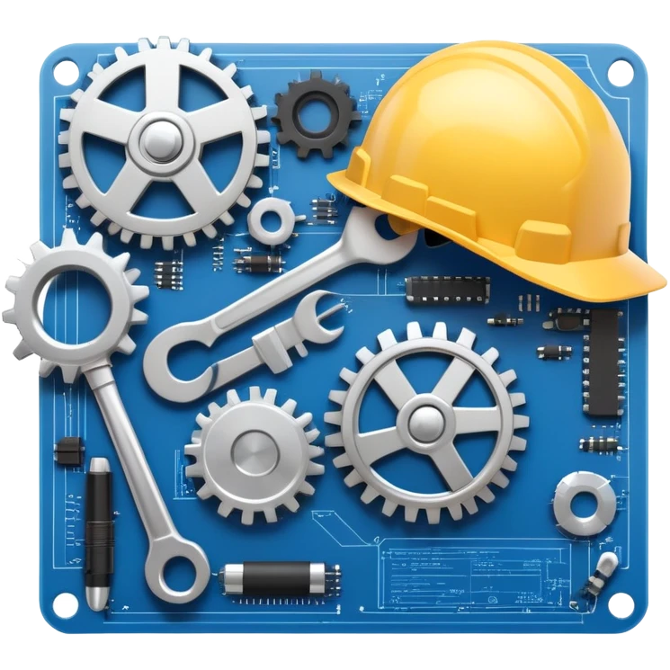 An icon featuring a gear, a wrench, and a blueprint, symbolizing engineering. The design includes a hard hat, a circuit board, and a ruler, representing problem-solving, design, and technological innovation across various engineering fields. Transparent background emoji