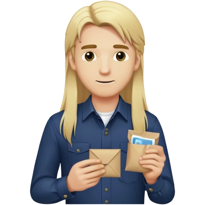 Guy with long straight blonde hair and navy button up holding a packet emoji
