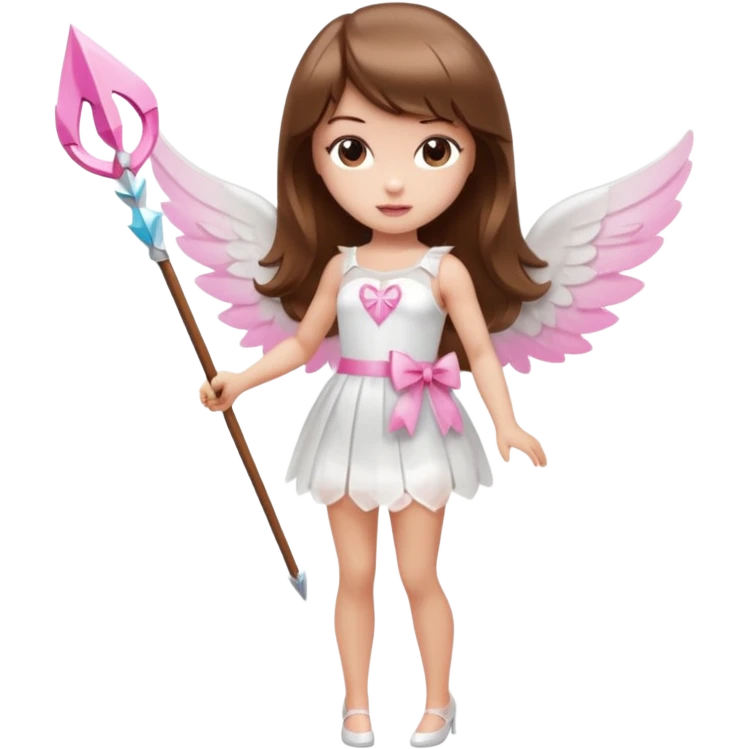 Hada de piel clara cupido pequeña  de cabello largo lacio castaño con flequillo y ojos cafés  vestida con algo sensual semitransparente corto color blanco o rojo con 1 arco y una sola flecha que combinen y labios rositas tipo Barbie pero en hada cupido de cuerpo completo de pies a cabeza   emoji