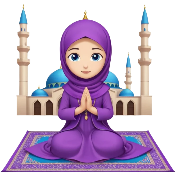 Turkish beautiful finish Konya girl blue eyes with purple flower hijab long tail dress and sits on the pray mat namaz on the ground with Islamic dua  emoji
