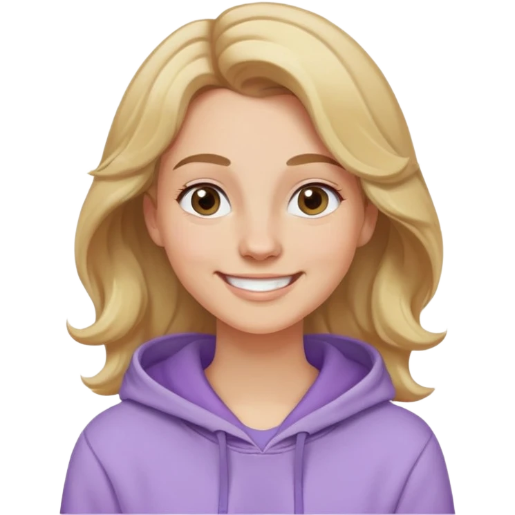 Mujer caucasian, cara redonda, cejas suaves, pelo ondulado castaño claro con puntas rubias, raya al lado. Sonrisa amplia, expresión feliz. Hoodie lila claro puesta emoji