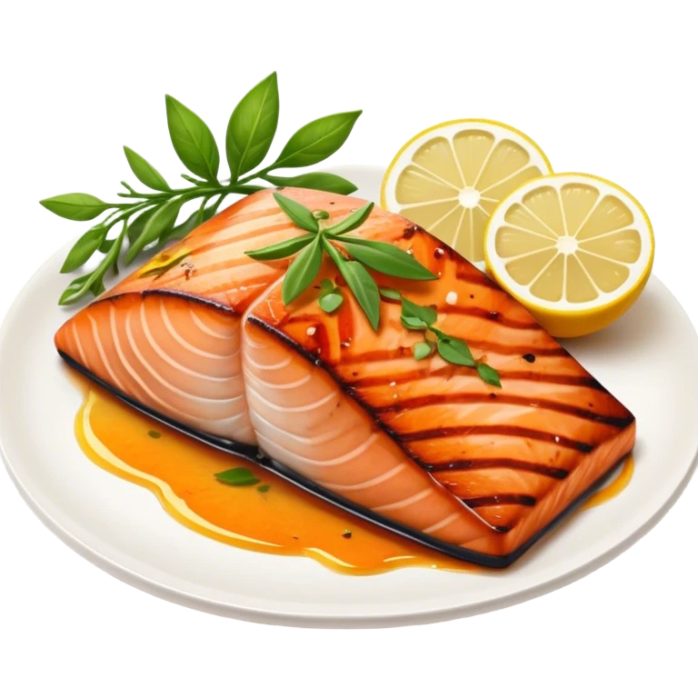 Cinematic perfectly grilled salmon, rich orange hues with crispy skin, garnished with fresh herbs, drizzled with lemon, ultra-detailed and delicious. emoji