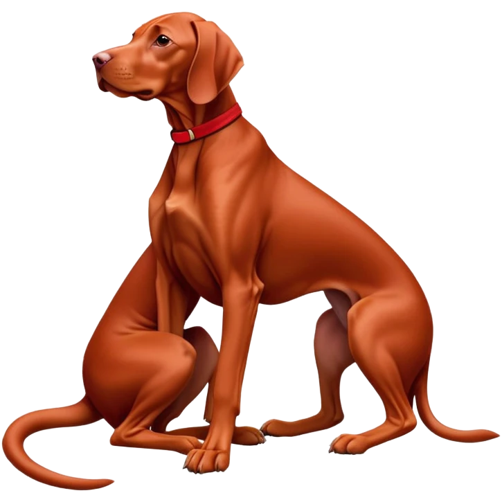 cinematic-[Vizsla-realistic-full-body-sitting-emoji,-tail-resting-loosely-beside-its-paws,-head-tilted-dramatically, -sleek-[red]-fur,-simplified-yet-realistic-focused-features,-highly-detailed,-glowing-with-an-almost-sarcastic-glow emoji