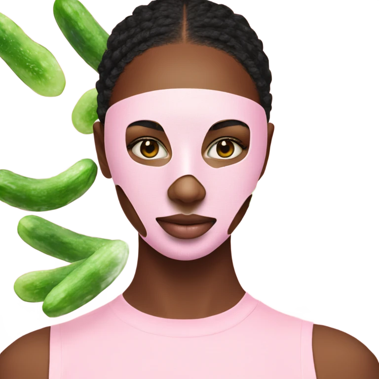 teen girl wearing pink skincare facial mask with 2 cucumbers over her eyes emoji