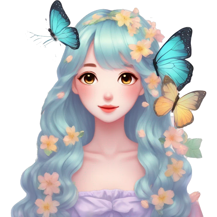 Gorgeous Shiny Pastel Anime-Style Lady Butterflies flower petals leaves around cottage core pastelcore kawaii aesthetic trending style emoji