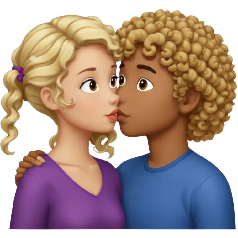 chica rubia media morena, besando a chico moreno con rulos emoji