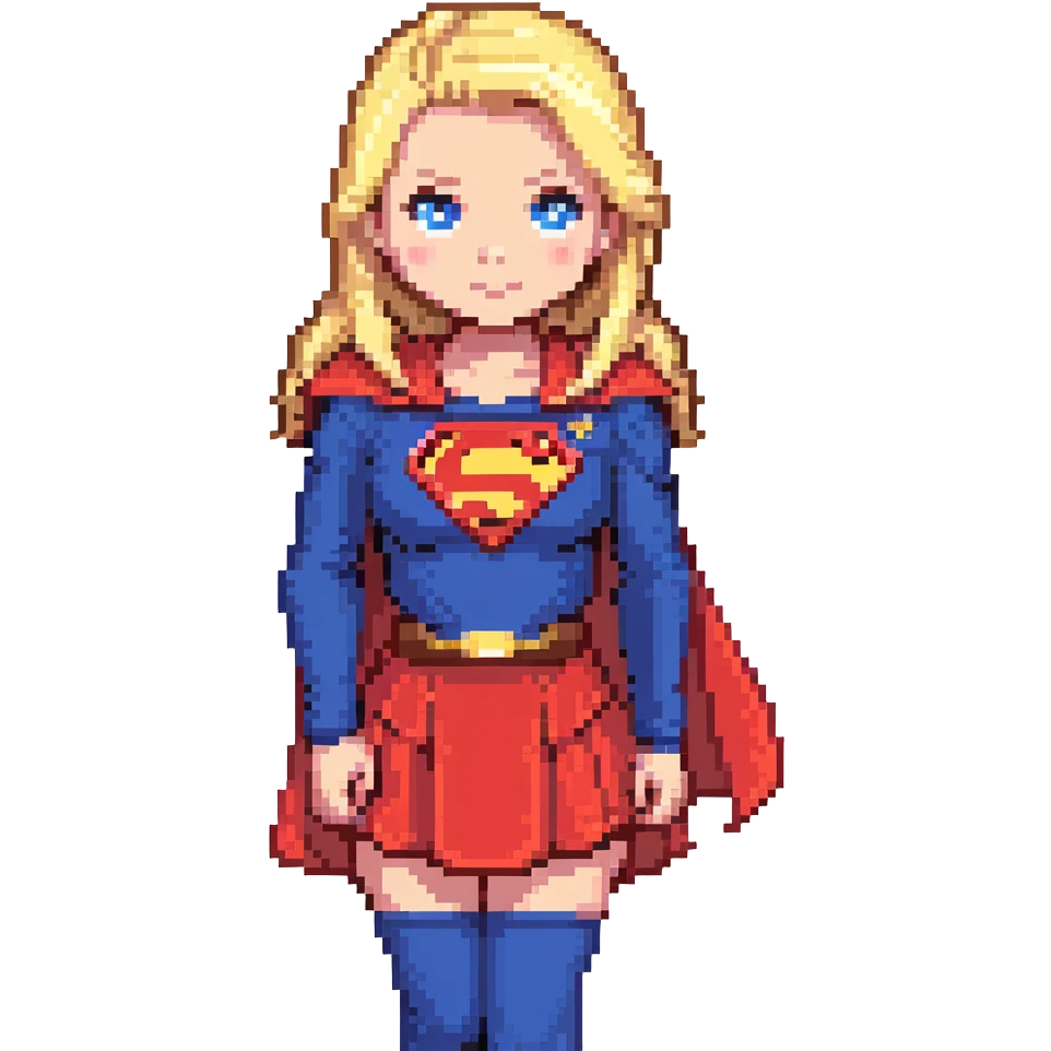 Supergirl superhero full body, blue suit with red skirt, red cape, blonde hair, and S emblem on chest emoji