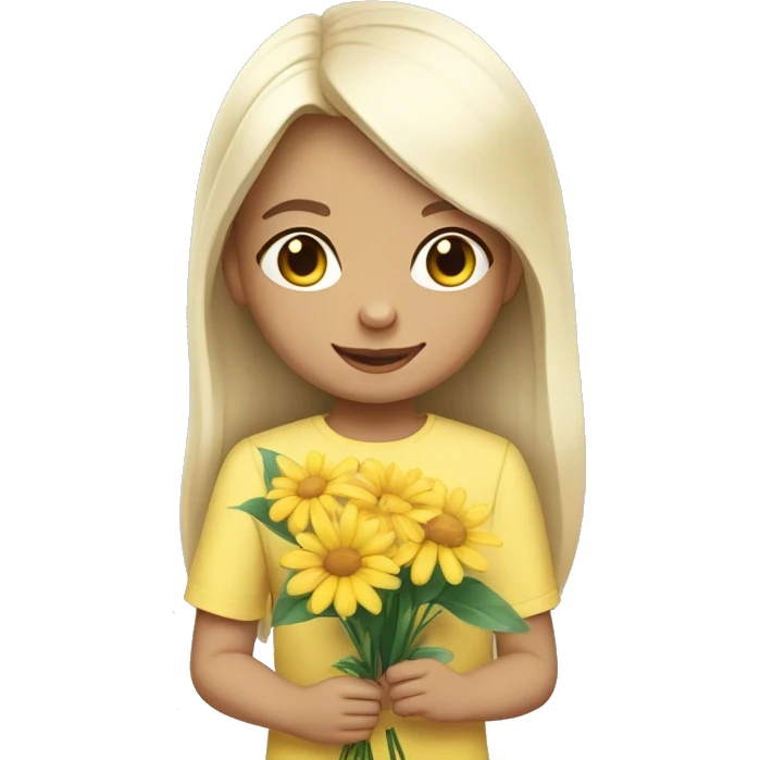  white skin child with black long straight hair wearing a pastel yellow jumpsuit with white shirt in it and carrying a flower arrangement in her hands emoji