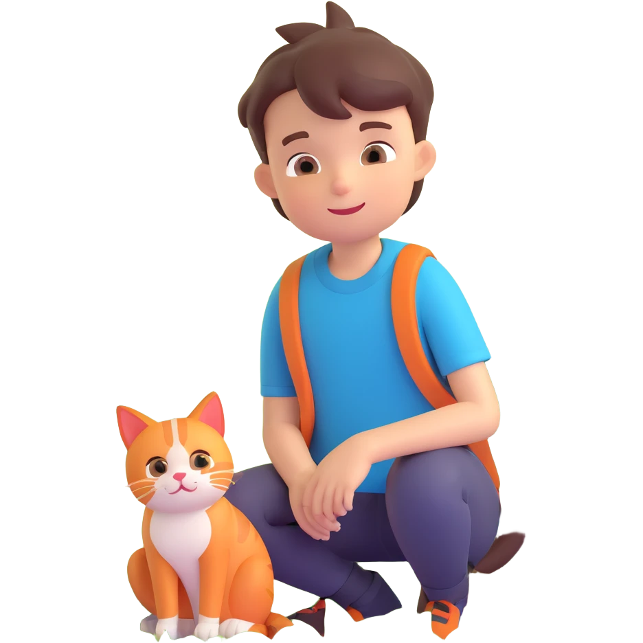 boy and cat pet in forrest background, close up pose emoji