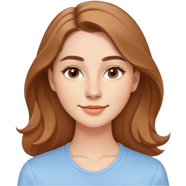 Young adult woman with oval delicate face, soft features, fine jawline, bright friendly smile, large expressive light brown almond eyes, medium arched eyebrows, proportional nose, defined lips, long light brown hair with gentle waves, wearing a casual feminine-cut light blue shirt emoji