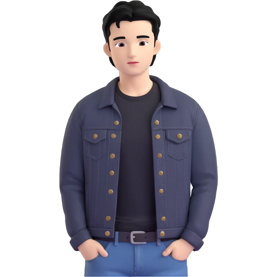 3D emoji style Microsoft, young man with black hair, wearing black t-shirt and black denim jacket, based on photo reference, slight shadow on face emoji