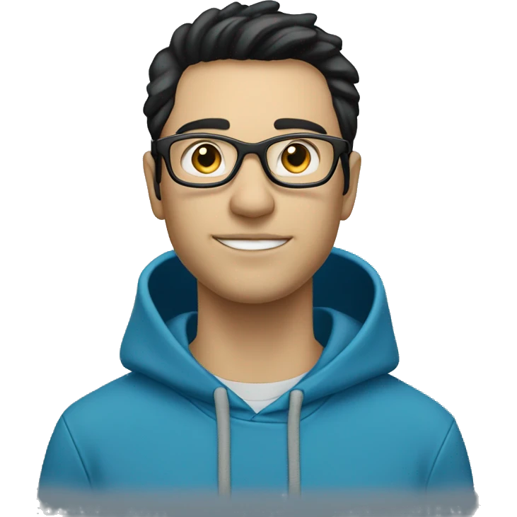 white male with short messy black hair, wearing glasses, blueish hoodie with a Dell (company) logo on it emoji