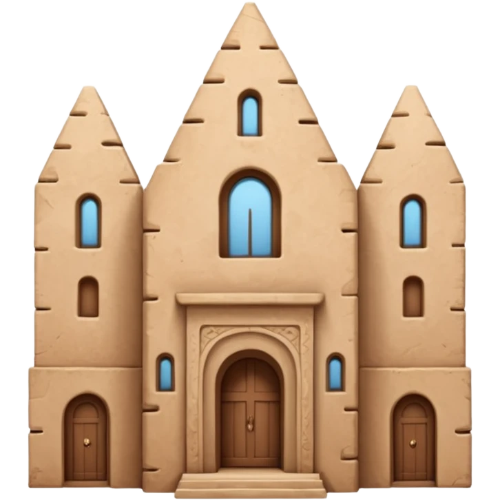large ancient adobe building, front view, boxy shape, tall uneven towers, textured adobe walls, triangular window patterns, focus on scale and authentic architectural details, no central door, no sky or sunset emoji