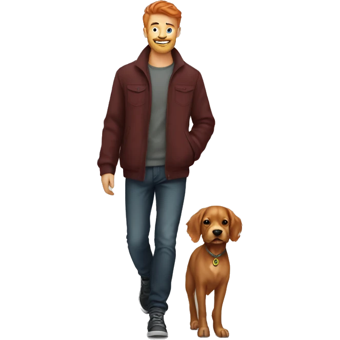 red coloured hair dog and young man dark blond walking  emoji