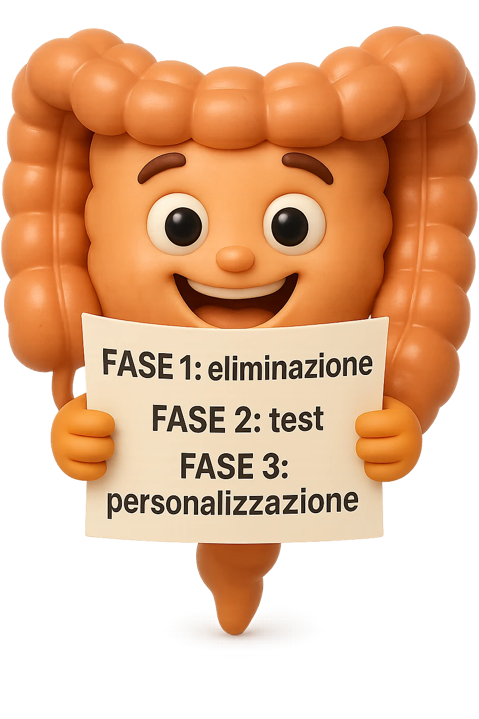 emoji stile iphone 3d di un intestino che tiene in mano un foglio con la scritta "FASE 1: eliminazione, FASE 2: test, FASE 3: personalizzazione, IPERREALISTICO 4K emoji