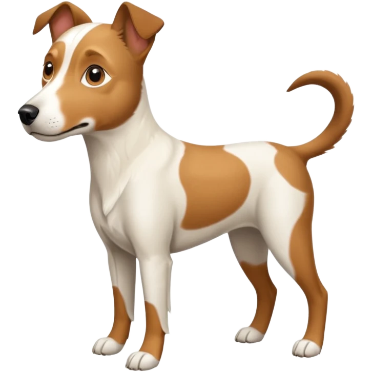 a full body large white parson russell looking dog the size of a kelpie with light brown flapped down ears and a light brown patch on one eye and a large snout emoji