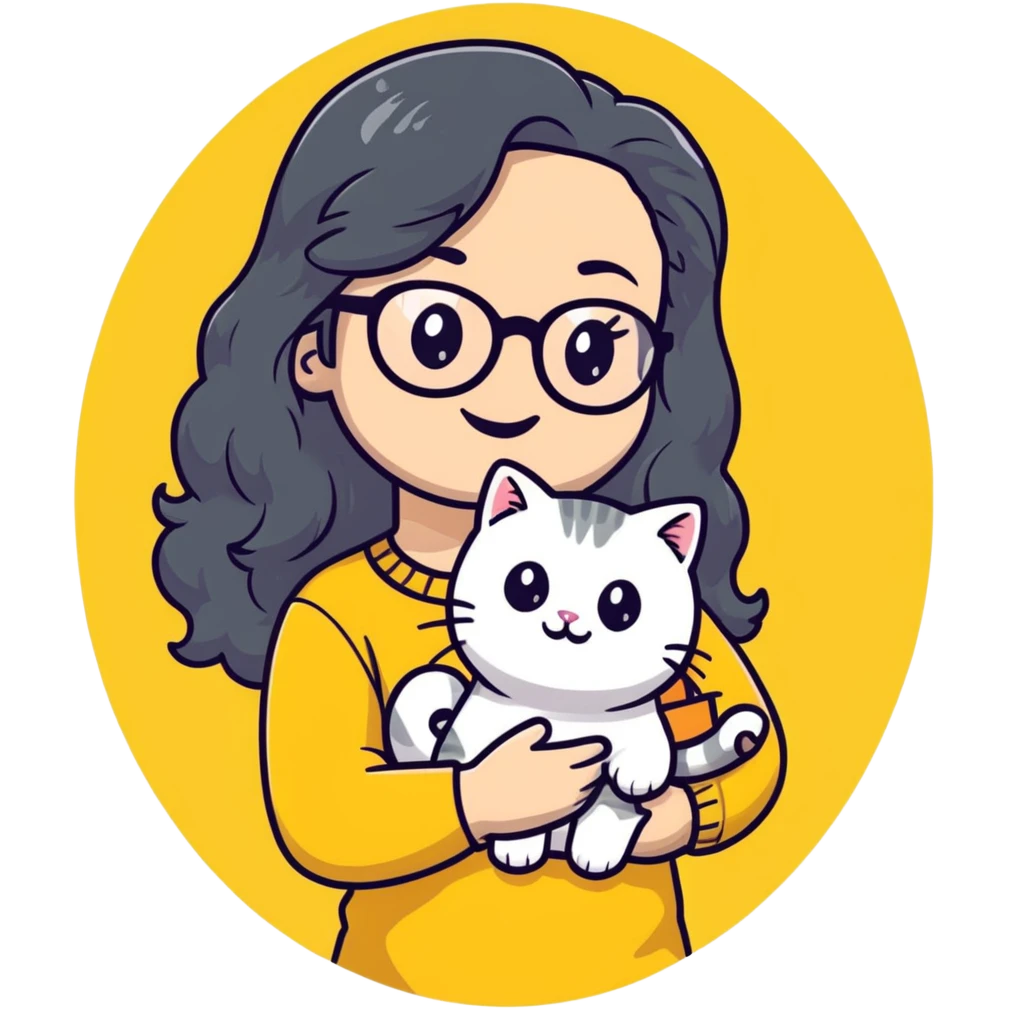 Young woman with warm yellow skin tone, oval face, long black wavy hair, thin-framed glasses, smiling while holding a grayish-white Munchkin cat with short legs and gray marking under its mouth emoji