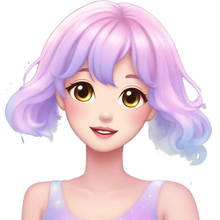Gorgeous pastel anime style lady blushing nebula gradient sparkle face dreamy idol model colorful shiny stars galaxy kawaii cottagecore pearly petite simplistic aesthetic trending style emoji