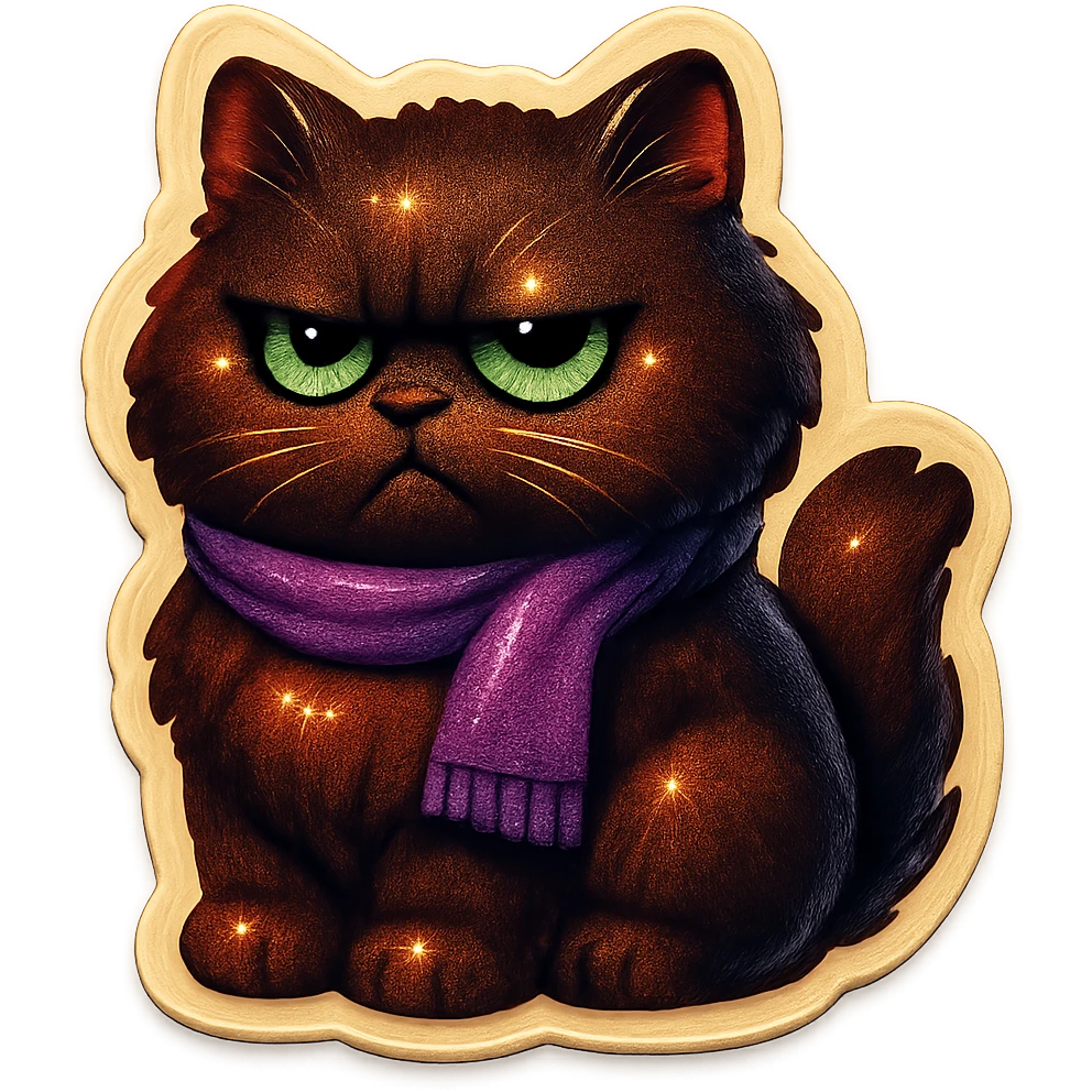 Fluffy grumpy cute dark-brown cat with green eyes and a purple scarf emoji