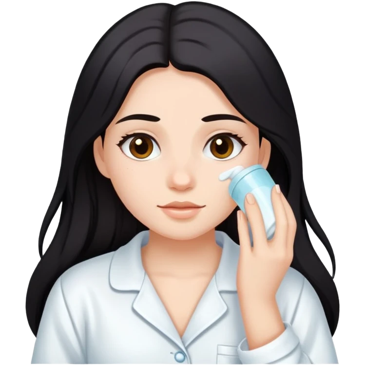 Girl with dark long hair doing skincare in a white Pyjama emoji