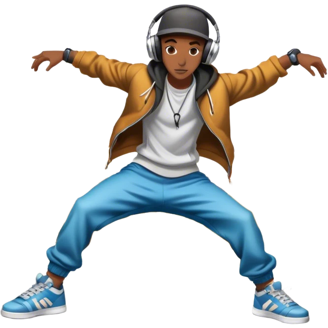 Icon for Street Dance: a dancer in urban streetwear performing a dynamic lower breakdance move, with a spray-painted background, headphones, and a boombox on the asphalt. The icon should capture the energy, style, and creativity of street dance culture. Transparent background. emoji