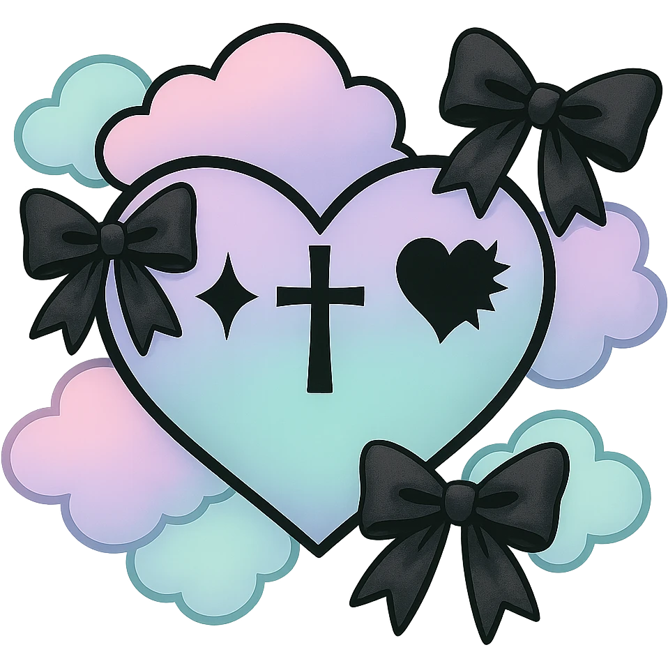 Remove the background, keep the pastel goth heart with pastel clouds and black bows, transparent background. emoji
