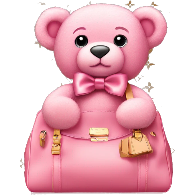 pink bow teddy bear solo is sitting in a louis vuitton bag emoji