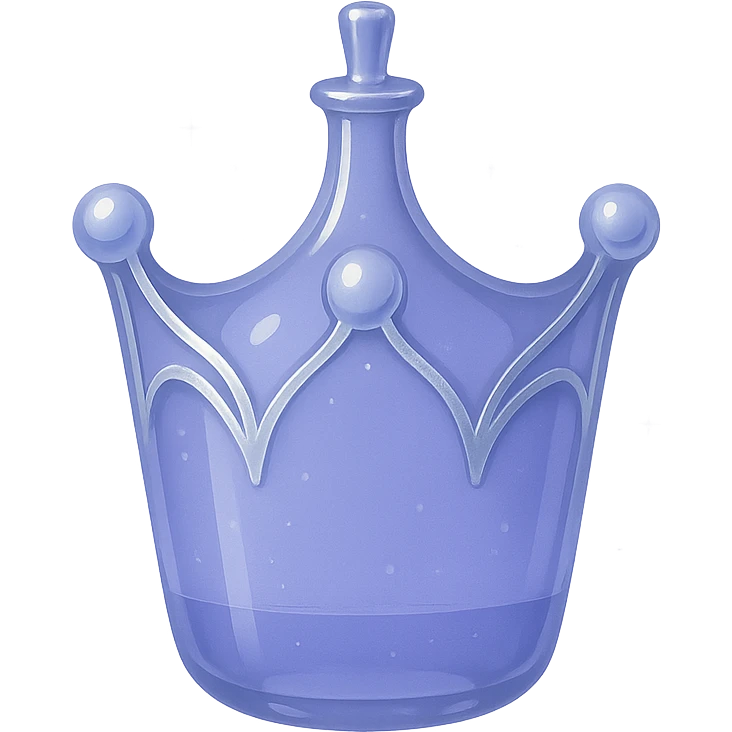 minimalist but luxurious small elixir bottle in crown shape, color #7986cb, subtle elegant silver or iridescent details, soft magical glow, very small neck, seamless bottom, transparent background, bottle floating in air, no base or shadow, modern, matching luxurious magical collection style emoji