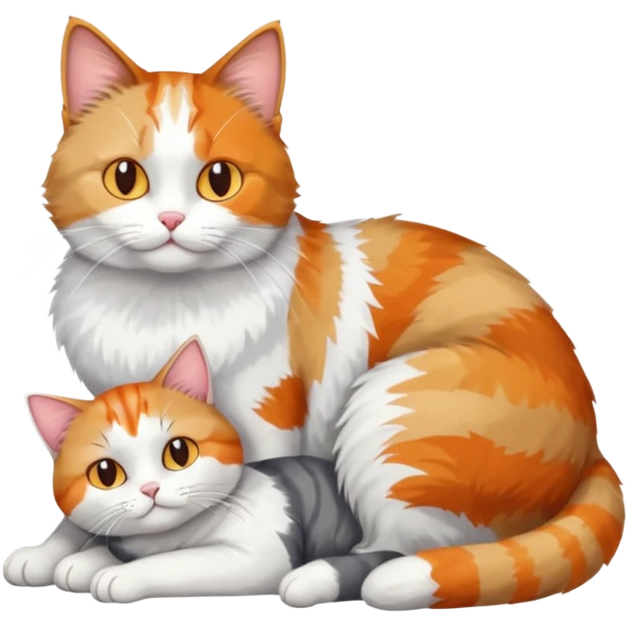 full body colourful light patched calico + white tabby cat cuddling a large grey and white cat  emoji