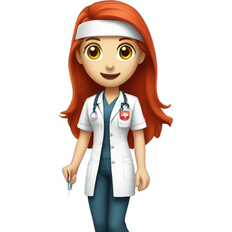 nurse with bright long straight red hair, with amber eyes, shes wearing a nursing uniform that is white with a little red logo of UL...shes holding a needle emoji