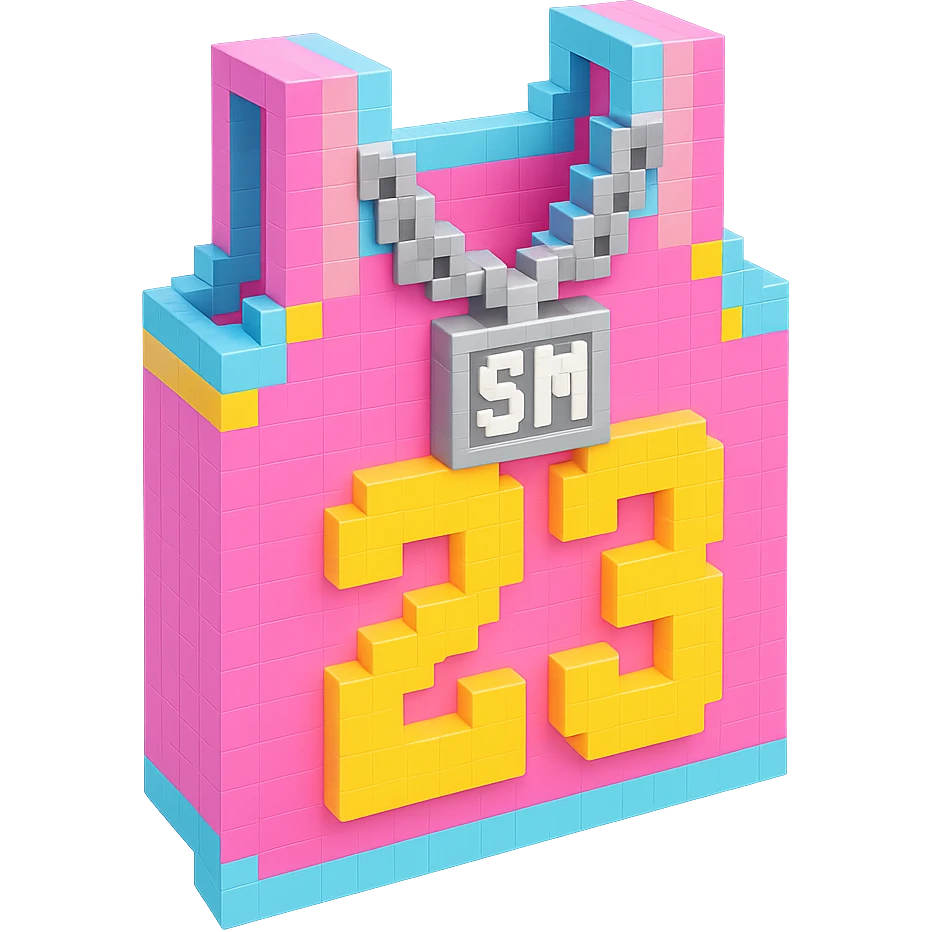 светящейся розовая баскетбольная майка с надписью "23" и серебряная цепь с надписью "SM", no background emoji