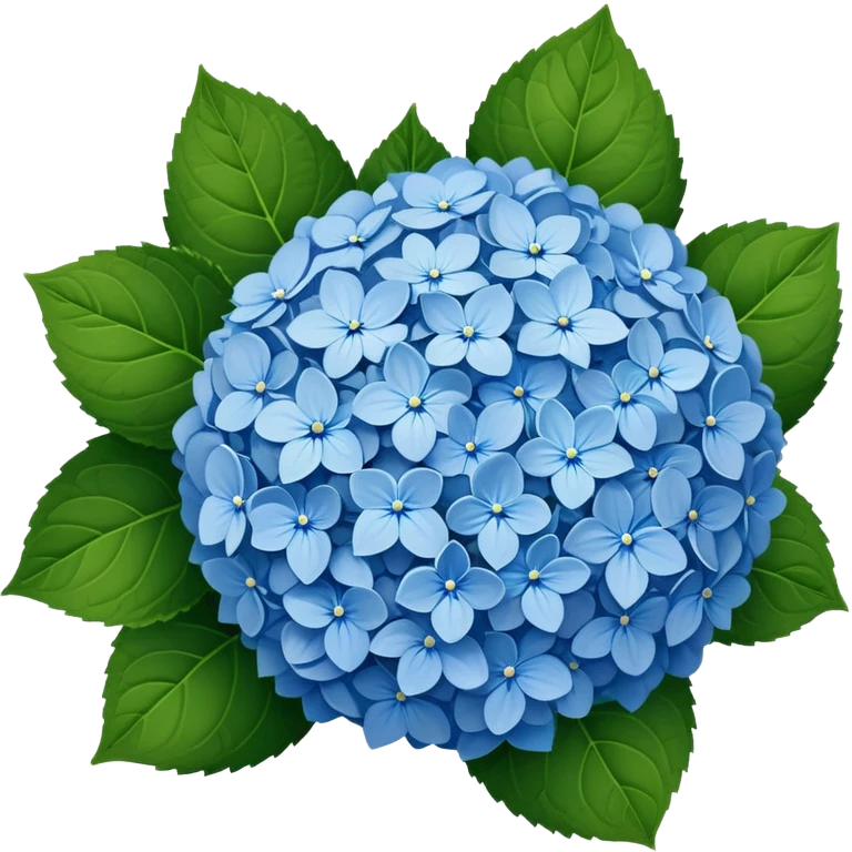 Beautiful blue hydrangea flower cluster with rounded ball shape and lush green leaves emoji