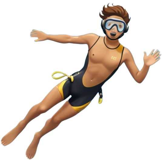 A diver mid-air, plunging from a high cliff into the sparkling ocean below. The background features rugged cliffs, clear blue water, and a bright sky, emphasizing the excitement and danger of the sport with a sense of freedom and adventure. emoji