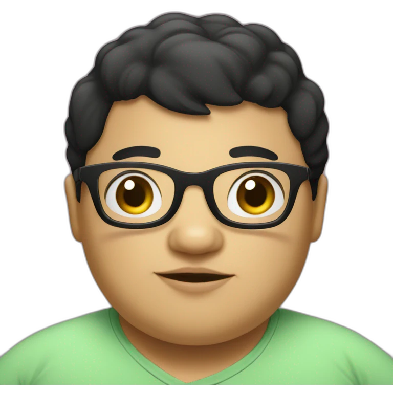 A fat kid with very short black hair and glasses and a bed in the background emoji