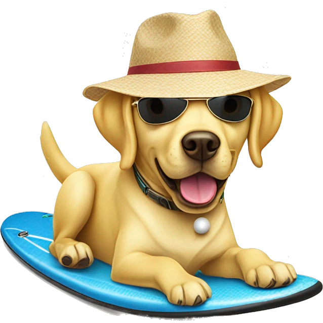 Yellow Labrador on a surfboard hitting a golf ball with a hat and sunglasses on emoji