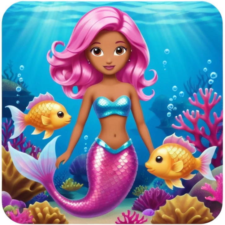 Brown skin blonde hair barbie mermaid with holographic tail and pink hair with pufferfish emoji