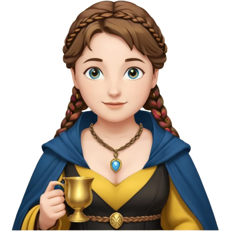 Helga Hufflepuff, blue eyes, brown-haired, two brown braids, yellow-black medieval dress, black cloak decorated with gold braiding, tiny gold cup with two handles, very kind smile, curvy busty sweet woman, macromastia, thick round rosy cheeks, gold pendant with round black stone emoji