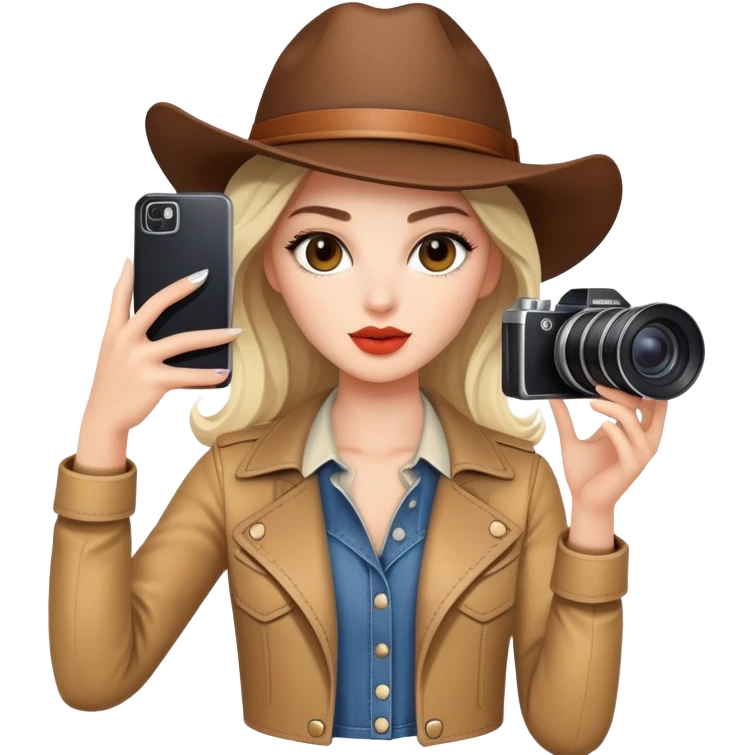 Western female fashion model posing with camera taking selfie, stylish outfit emoji