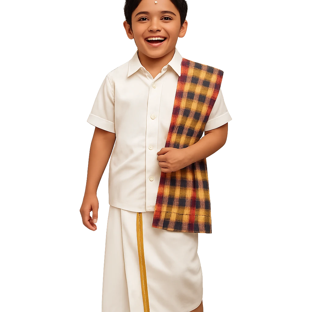A Tamil boy in traditional attire: white dhoti, shirt, and a checked angavastram, barefoot, with a joyful expression, ready for a cultural celebration. emoji