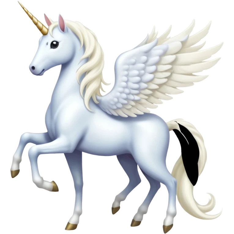 All white Cinematic Noble Unicorn with wings, slender with a flowing mane and tail and spiraled horn emoji