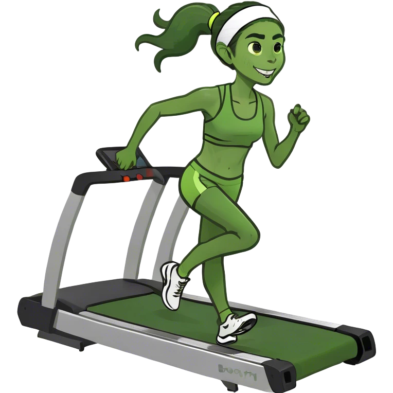 Light medium skin tone girl with black hair on a ponytail running on the treadmill  emoji