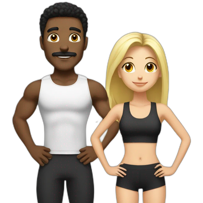 Black guy with black hair and mustache and blonde girl going to the gym emoji