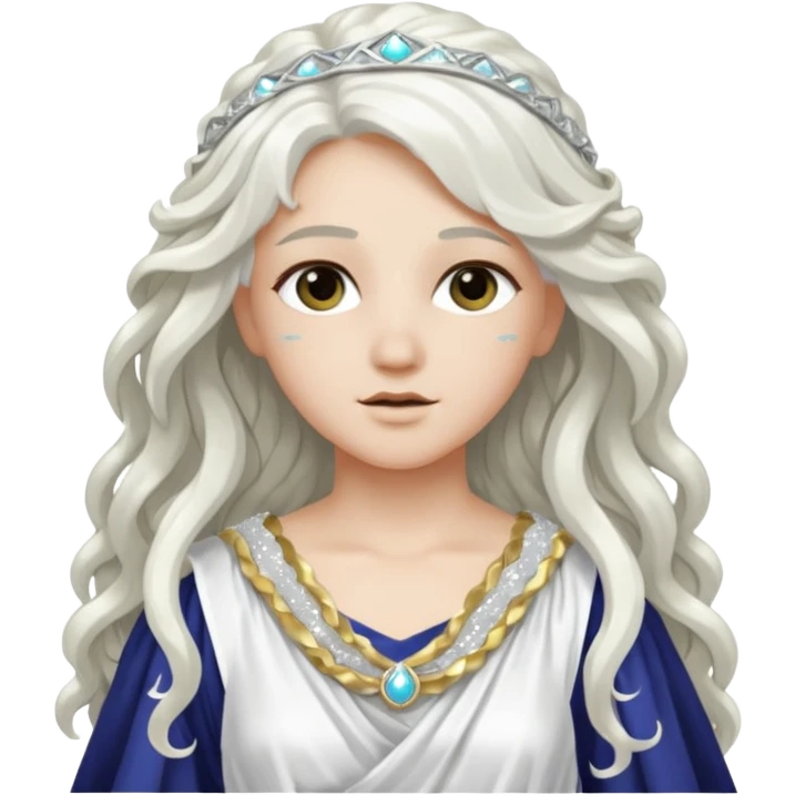 Artemis from Greek Gods with long white wavy hair, white sequin toga emoji