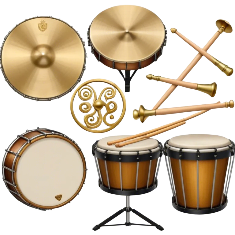 Create a heraldic, festive, and professional emblem-like emoji representing percussion instruments. The design should resemble a traditional crest, featuring a range of percussion instruments like cymbals, triangle, tambourine, maracas, timpani, and other traditional and folk percussion instruments. Arrange them symmetrically, with elements like cymbals crossing each other, a triangle at the center, and timpani or drums flanking the sides. The instruments should be depicted with metallic and wooden tones—shiny brass for cymbals, silver for the triangle, and rich wood or polished bronze for drums. Include ornate details like engraved patterns on the instruments, decorative swirls or laurels, and subtle accents to add elegance and festivity to the composition. The overall design should be cohesive, balanced, and visually striking, suitable for use as a prestigious emblem. The background should be transparent. emoji