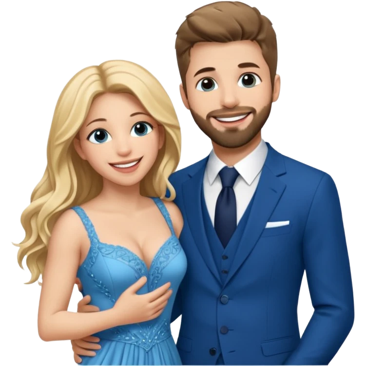 Shakira with blue eyes and her husband  Gerard pique with blue eyes  holding her in his arms. They both laugh at each other. Its beautiful and romantic. Also their outfits are very elegant  emoji