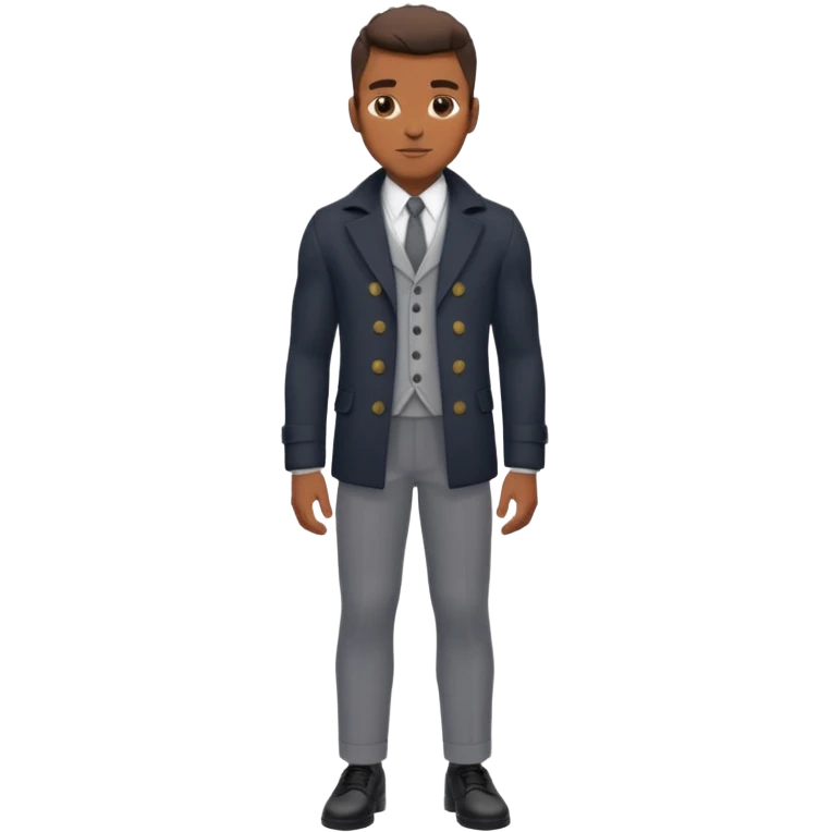 Handsome Black guy with brown skin tone, with lean muscular build, wearing gray slacks, a long sleeved white button up top, black shoes, and a black pea coat  emoji